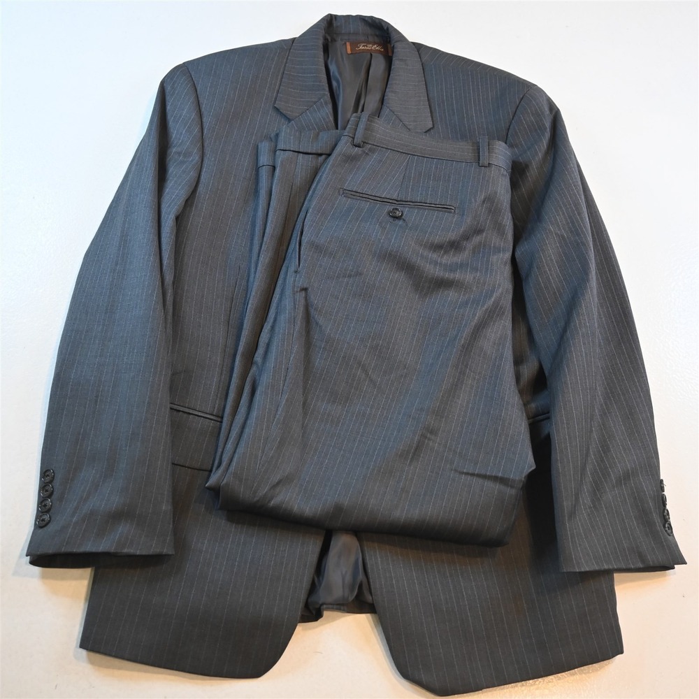 Vtg Y2K Boxy 2000s 42S 33x29 Gray Striped 100% Wool Mens Jacket Pants Suit